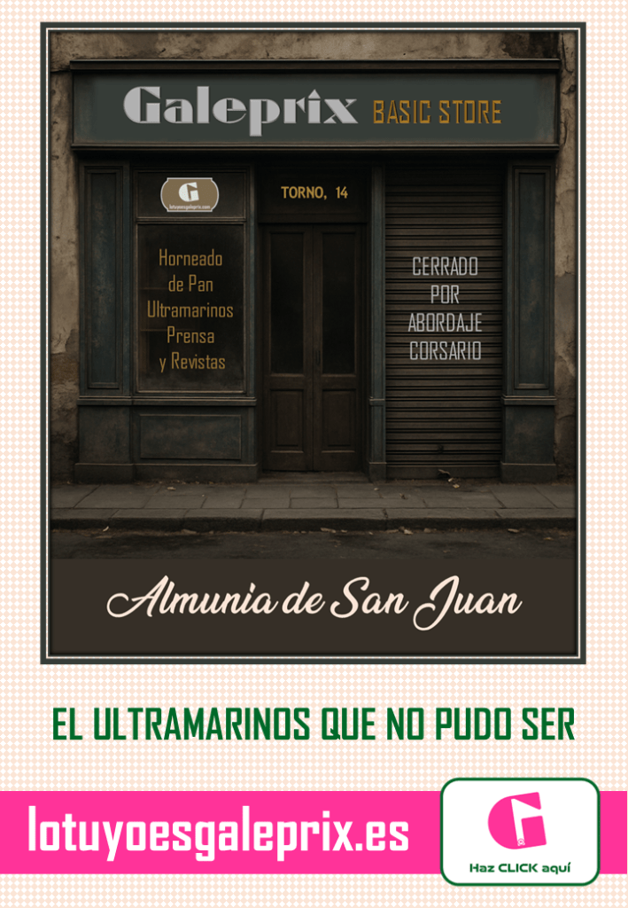 Recreación por I.A. de una fachada de Galeprix Basic Store para el argumento del abordaje corsario